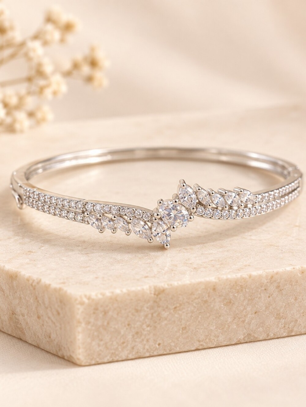 Silver American Diamond Leaf Bracelet | Elegant CZ Bangle Jewelry
